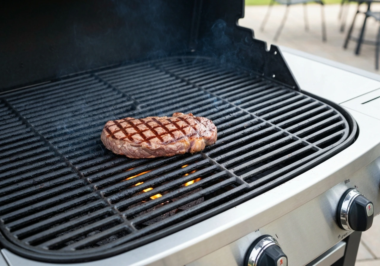 Close-up of a steak grilling on an outdoor propane grill grates with even sear
