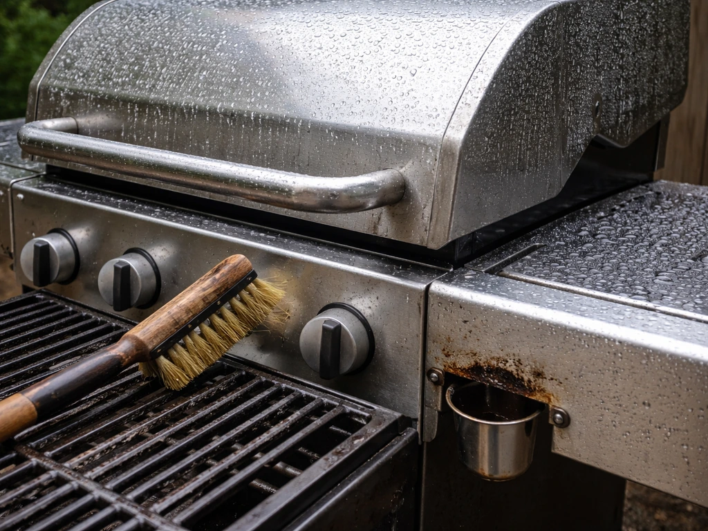 Stainless gas grill with water droplets; brass-bristle brush cleaning cast iron grates and grease cup area.