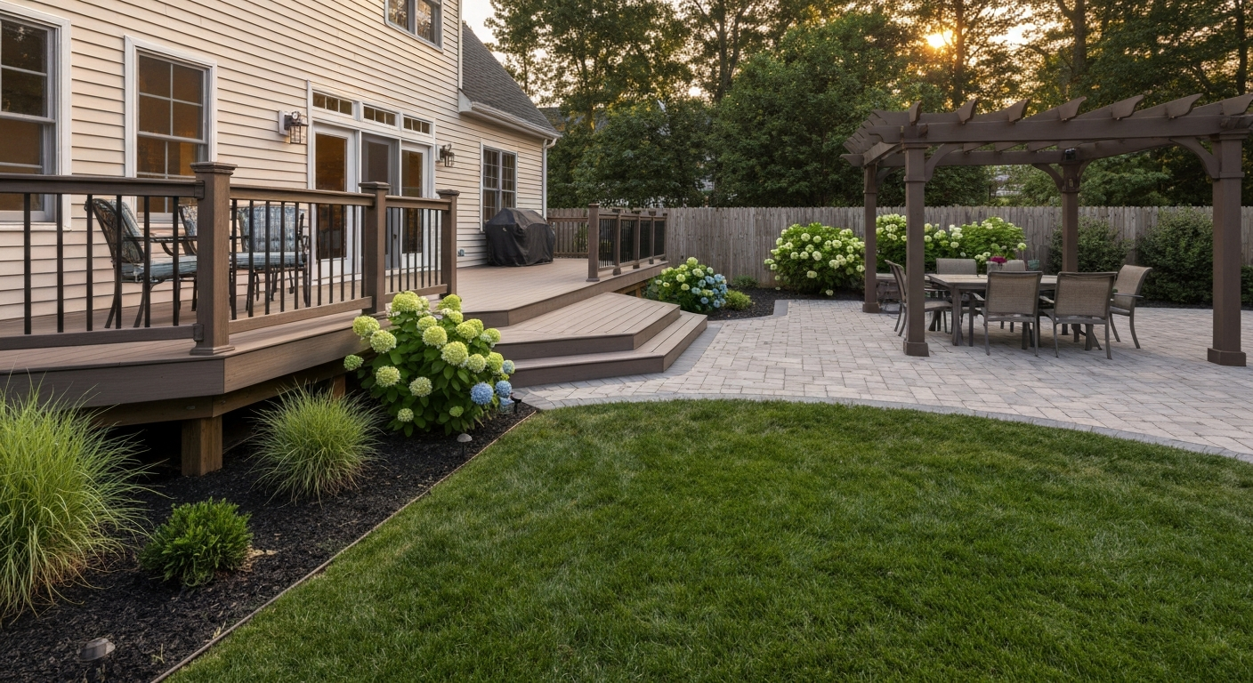 Modern Maryland backyard with a composite deck, paved patio, pergola, and seating in warm late-afternoon light.