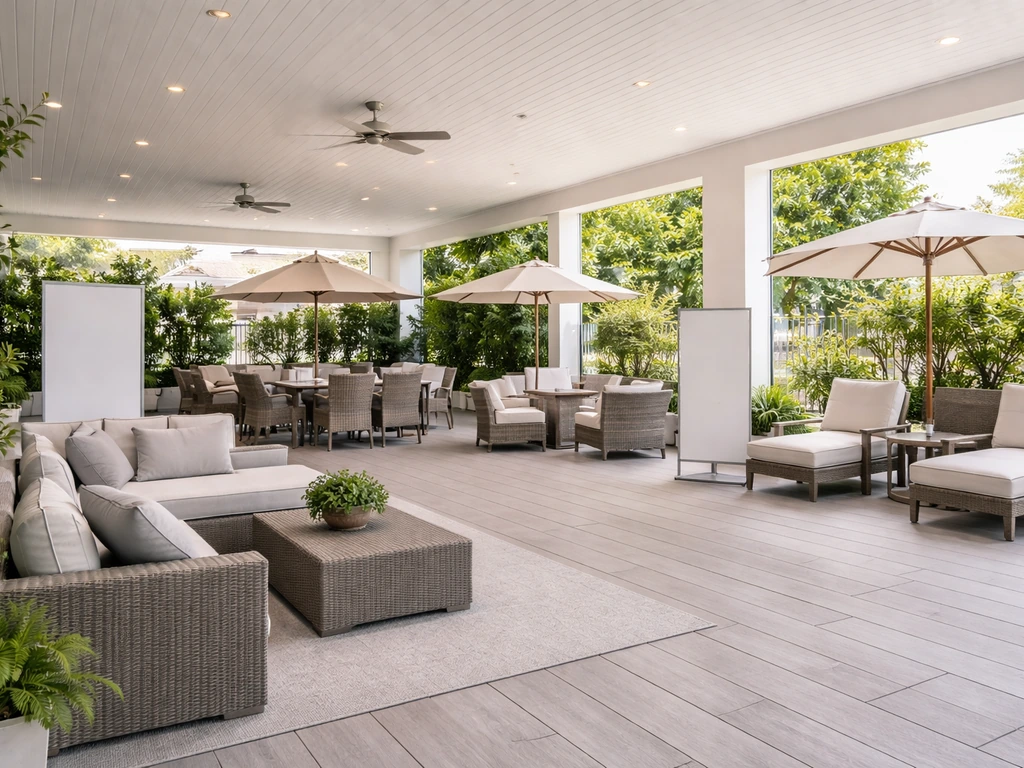 Wide view of a modern outdoor patio showroom display with several furniture sets and clean landscaping.