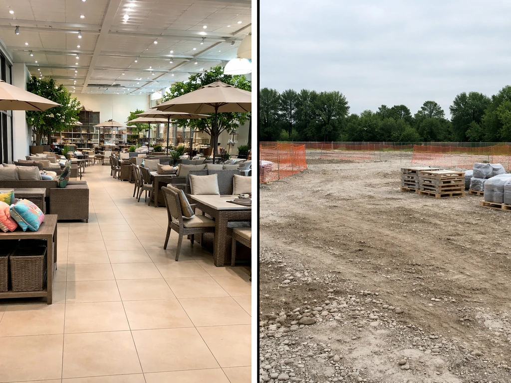 Left: patio showroom displays. Right: empty construction site, contrasting what Zing Patio is not.