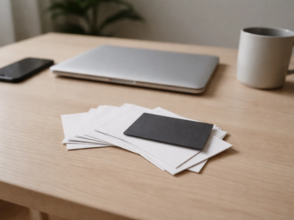 Lone laptop screen beside a coffee mug showing blurred, paper-like review cards and a dark defensive note