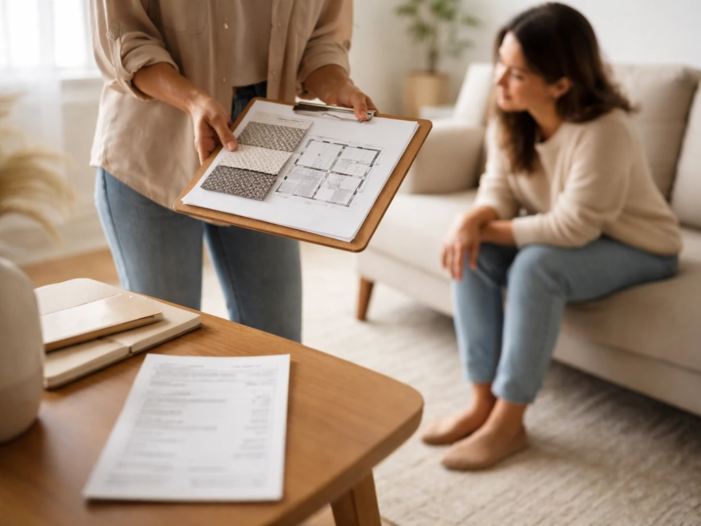 Anonymous designer and homeowner review a planning board in a living room beside a blurred receipt paper.