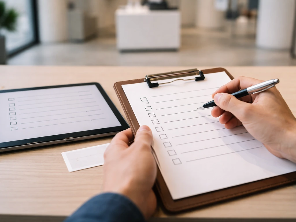Hand holding a pen over a clipboard checklist with warranty and delivery details on a showroom tablet.