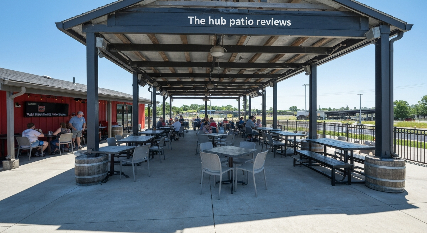 Exterior view of The Hub Patio — covered outdoor dining and activity patio attached to The Hub Trampoline Park in downtown Council Bluffs, IA