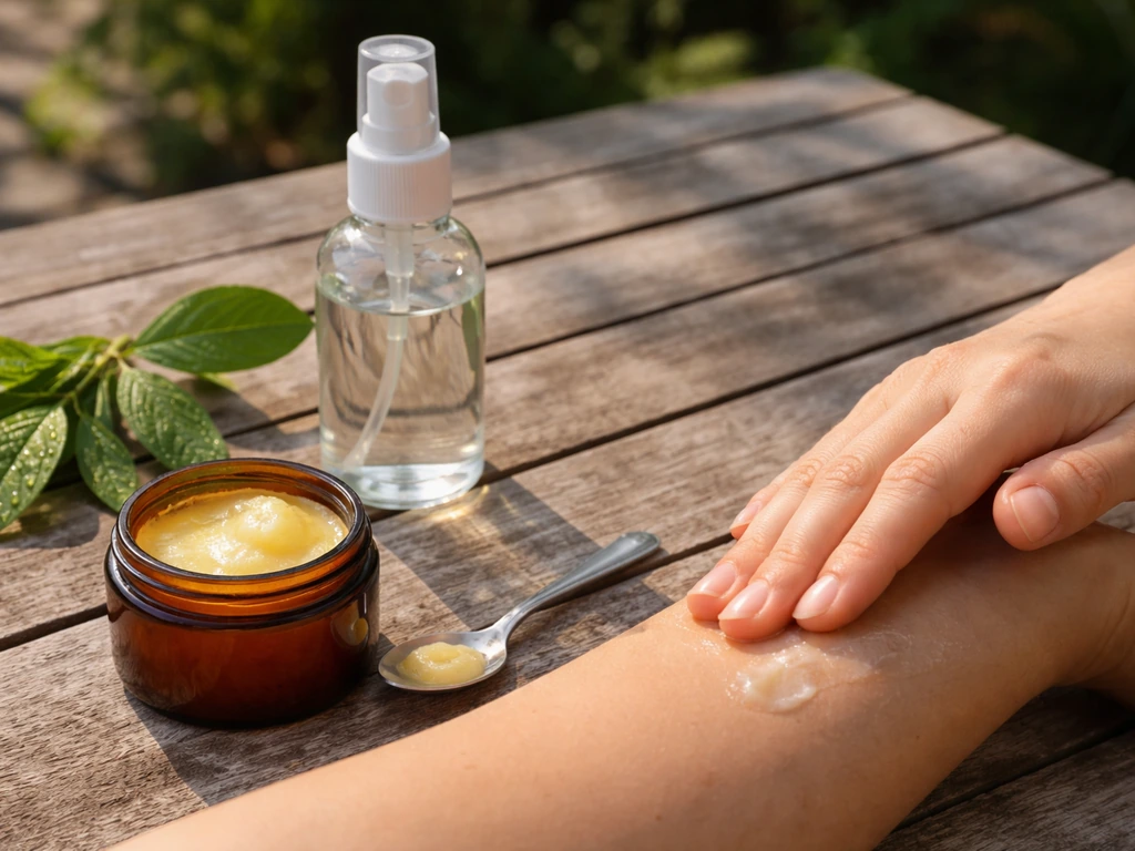 Minimal photo of semi-solid outdoor body oil balm, beside a small mist bottle on a patio table