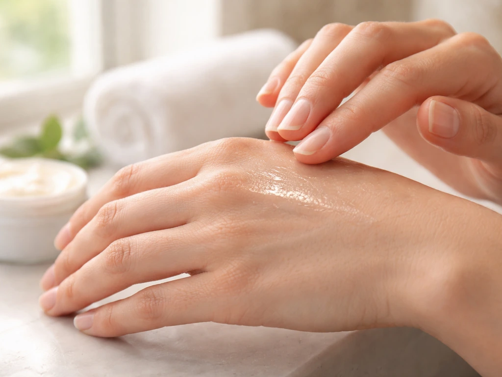 Close-up of hands warming balm and applying it to clean, dry skin with untreated skin nearby.