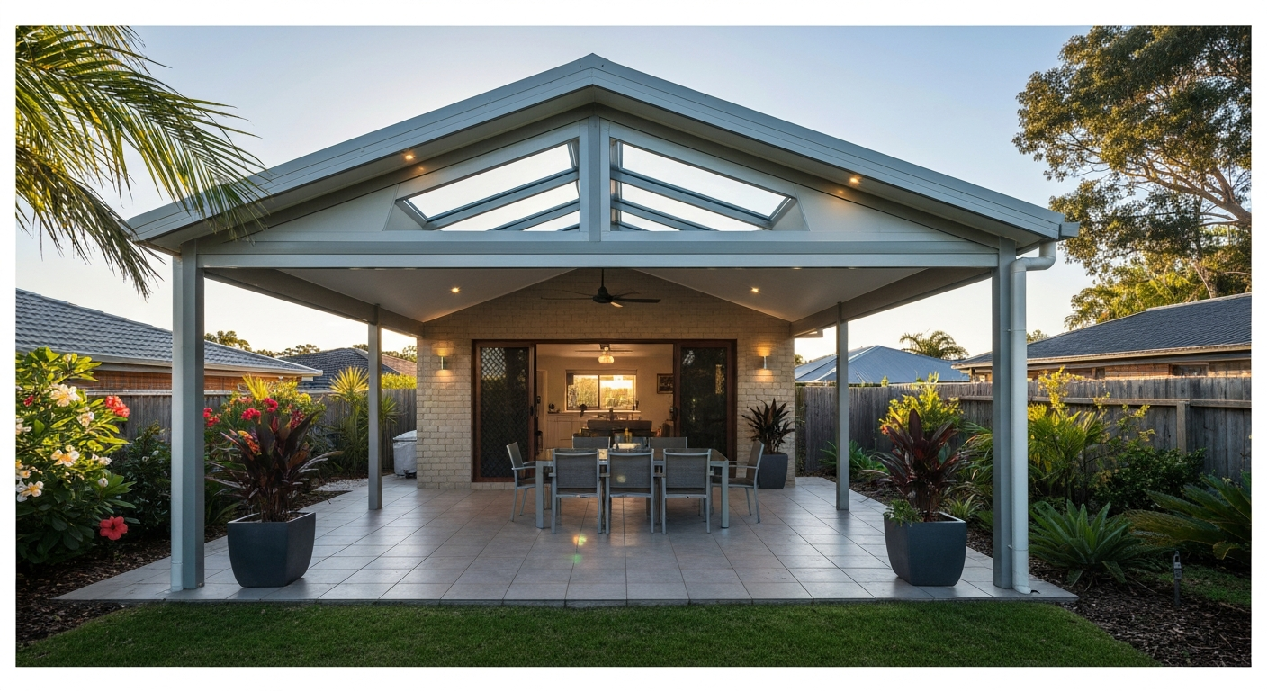 Modern powder-coated aluminium patio attached to a suburban home in Southeast Queensland, with gabled roof, skylights, outdoor furniture, and tropical plants.