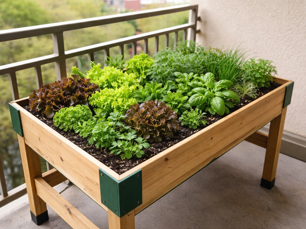 Raised patio garden bed with vibrant leafy greens on a small balcony