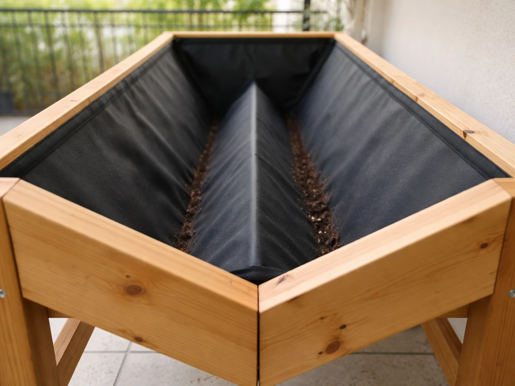 Close-up of an assembled VegTrug-style V-shaped raised patio garden bed with pre-formed liner on a balcony.