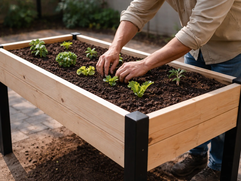 Side view of a raised garden bed at standing height with an open, accessible planting space