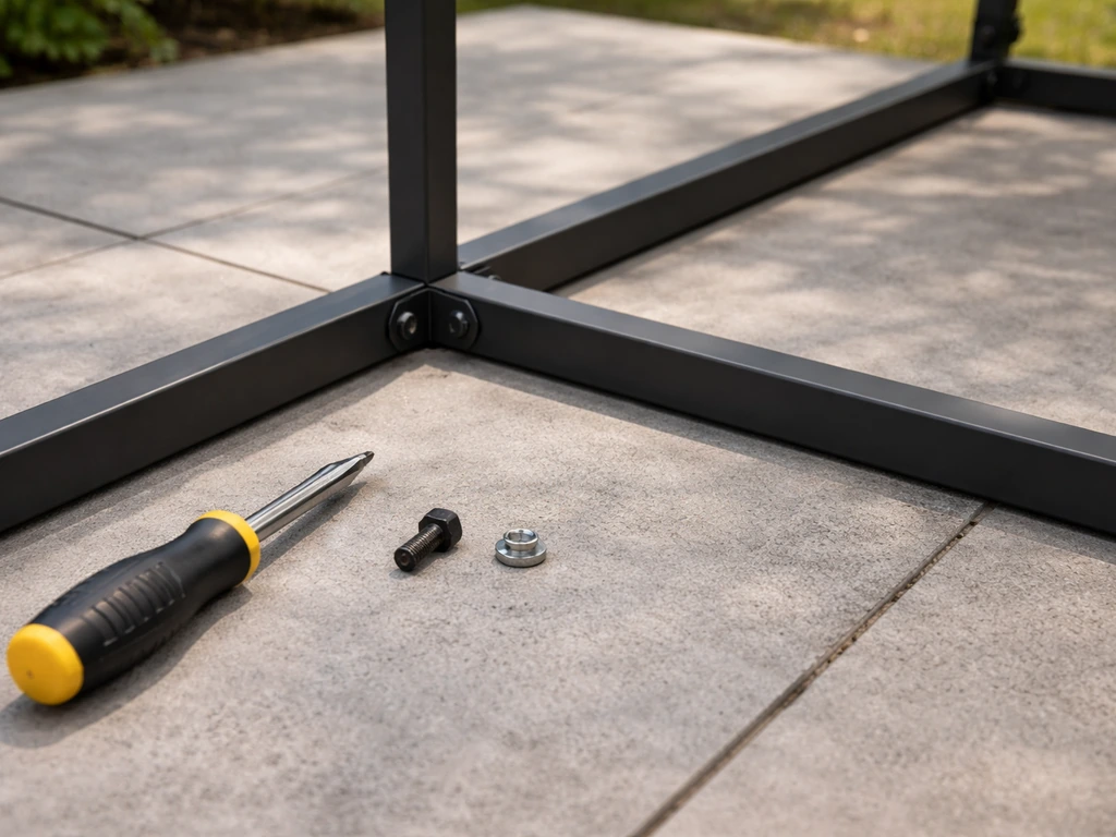 A patio workbench scene showing a Phillips screwdriver and a partially assembled garden frame on a simple surface.