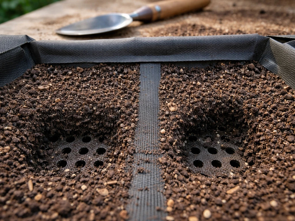 Close-up of soil near a planter liner drainage area showing blocked vs clear drainage route.