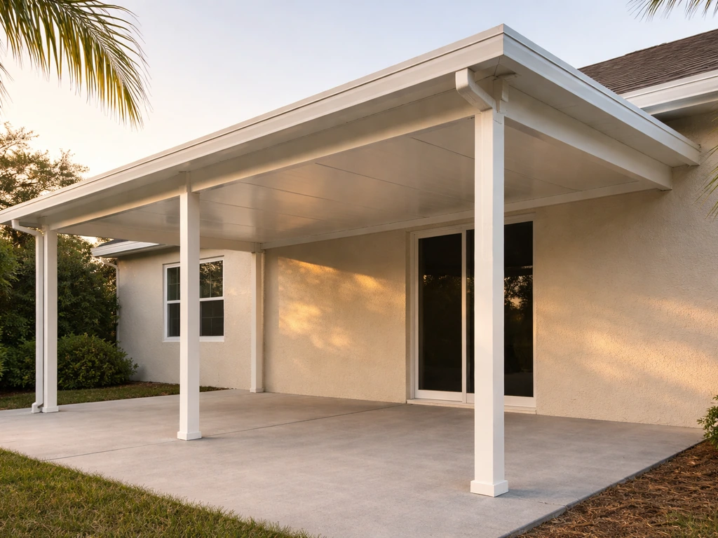 Clean aluminum patio cover attached to a Florida-style home exterior in warm natural light.