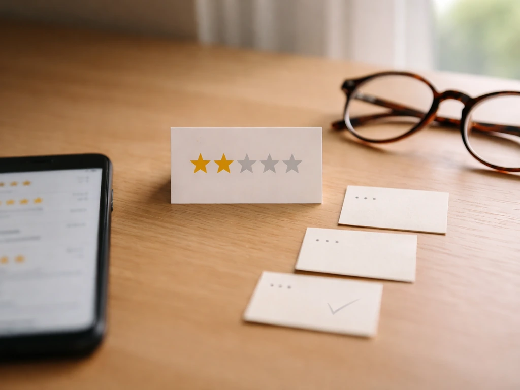Minimal desk scene with a small star-rating board, a few notes, and timestamps concept for review recency