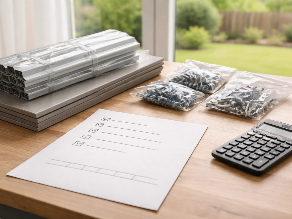 Close-up of patio cover kit components and a simple paper estimate checklist on a desk