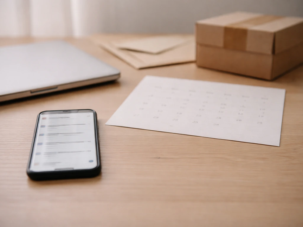 Desk scene with a phone showing blurred emails and a small shipping box, suggesting outreach and delivery updates.