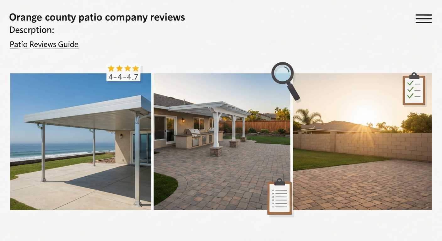 Illustrated Orange County backyards showing coastal aluminum patio cover, pergola with outdoor kitchen, and inland pavers, with overlay icons for star ratings, magnifying glass, and a checklist.