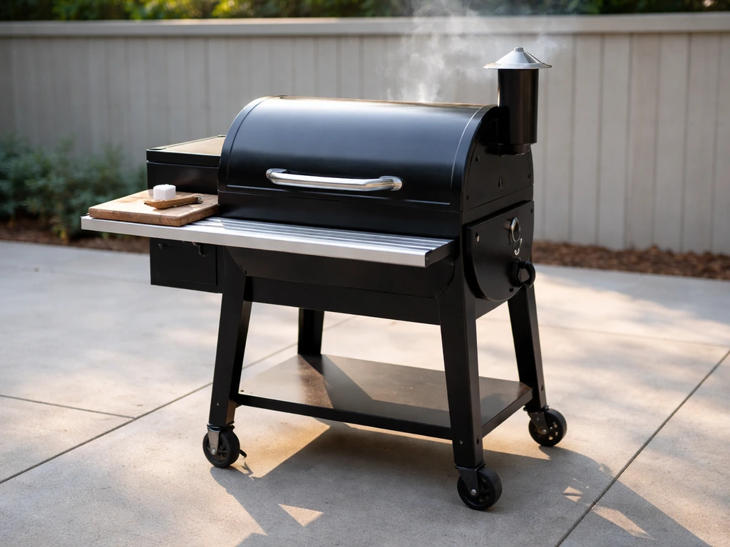 Compact pellet grill on a patio, ready-to-cook setup highlighting its small footprint.