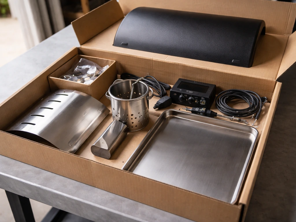Recteq Patio Legend grill parts laid out open-box: stainless fire pot, heat deflector, drip pan, control components.