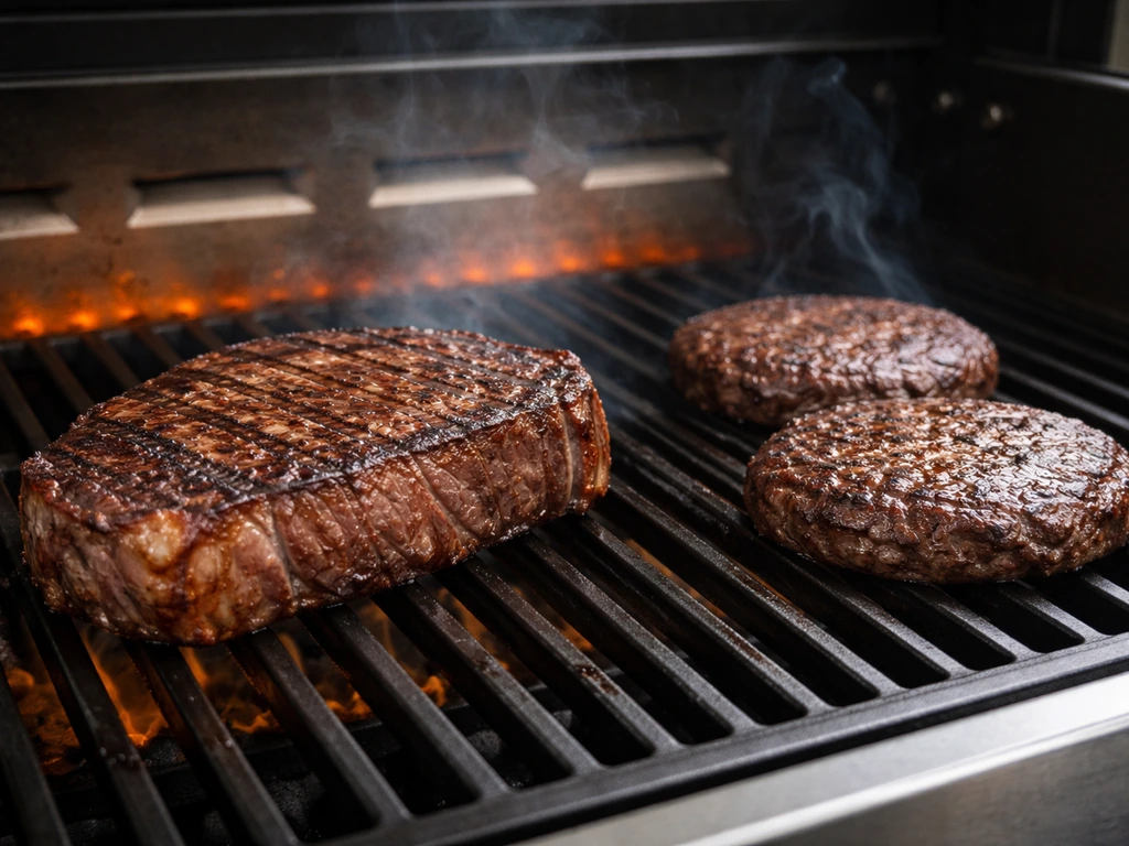 Steak and burgers sear on hot grill grates with crust forming and faint smoke rising inside the grill.