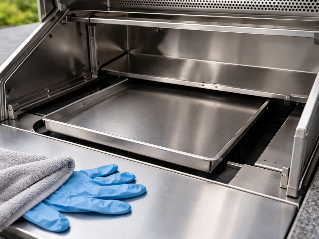 Open drip pan area of a stainless patio grill with accessible components ready to wipe clean.