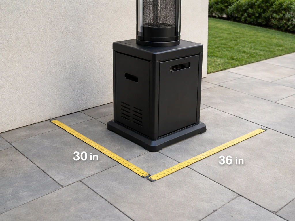 Compact patio heater set on a patio with tape-measure markers showing 30in by 36in space.