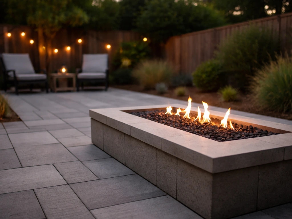 Finished outdoor patio at dusk featuring a built-in fire pit with gentle flames and modern pavers.