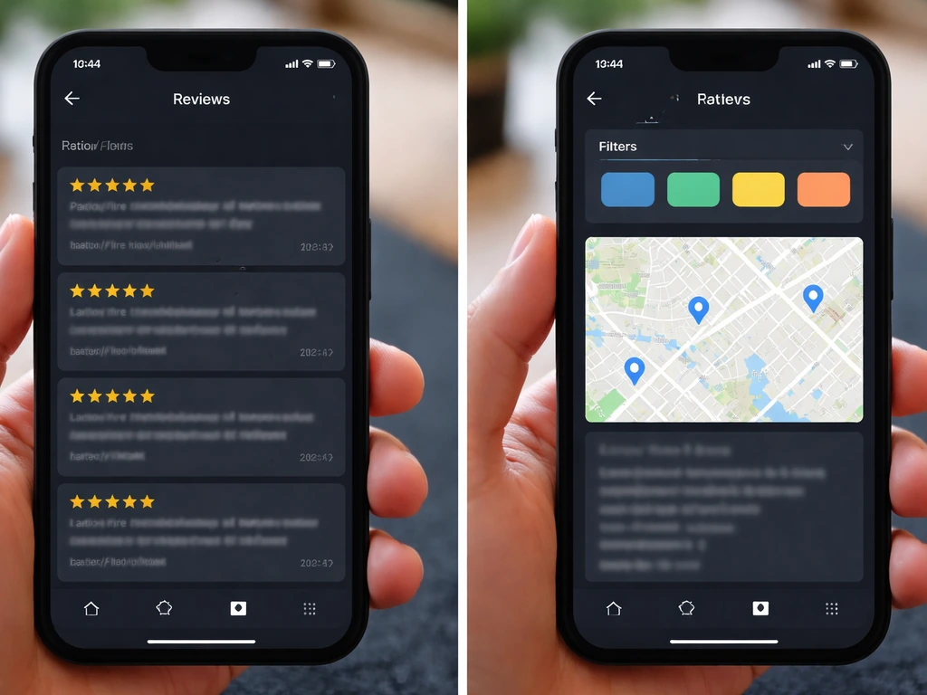 Smartphone screenshot-style collage of patio/fire installer review pages with star ratings and recency filters.