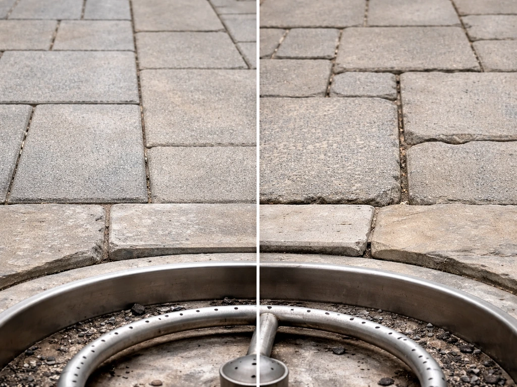 Close-up comparison of patio paver joints and a fire pit burner insert showing workmanship differences.