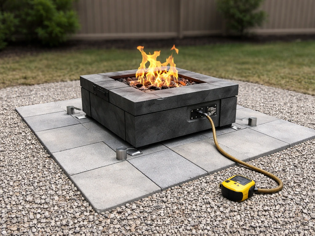 Gas fire pit on a non-combustible pad with clear open space showing proper safety clearances.