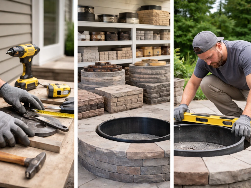 Three-part side-by-side photo showing contractor tools, a patio product showroom, and an installer working on a fire ins
