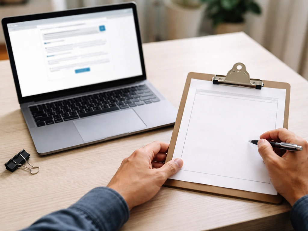 Person reviewing license lookup on a laptop and an insurance certificate placeholder on a clipboard.