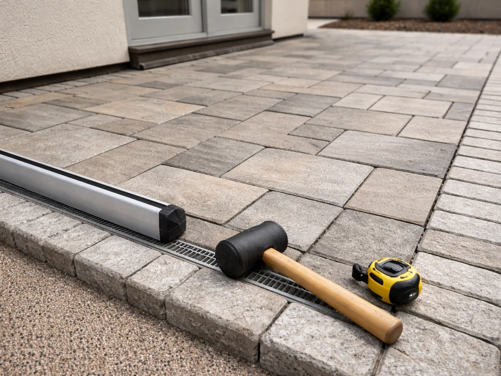 Close-up of an Ascot-style paver driveway and patio with tools nearby, showing joint lines and drainage slope.