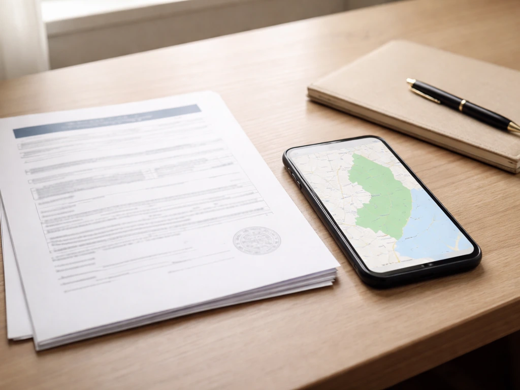 Minimal photo of a desk with an open license document and a simple highlighted map view indicating NJ region.