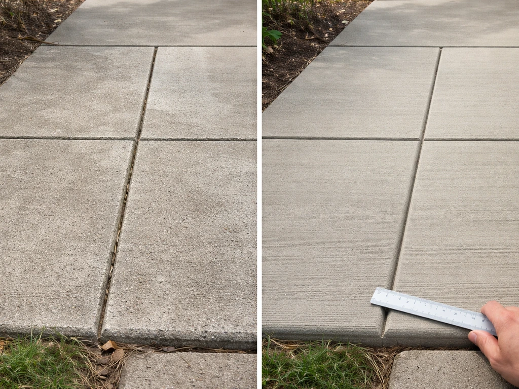 Side-by-side close-up of an uneven vs neatly finished concrete driveway section showing joint alignment and surface fini