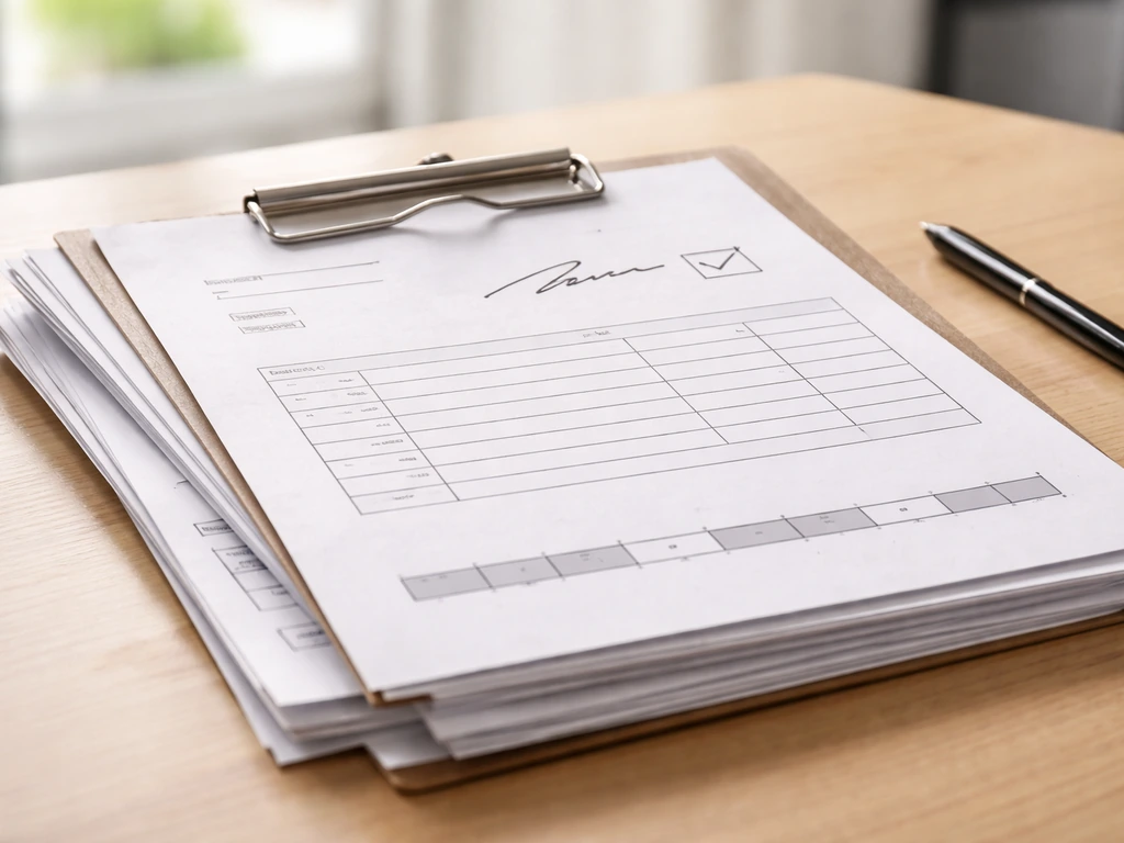 Close-up of stamped paperwork and a signed change-order checklist on a contractor desk