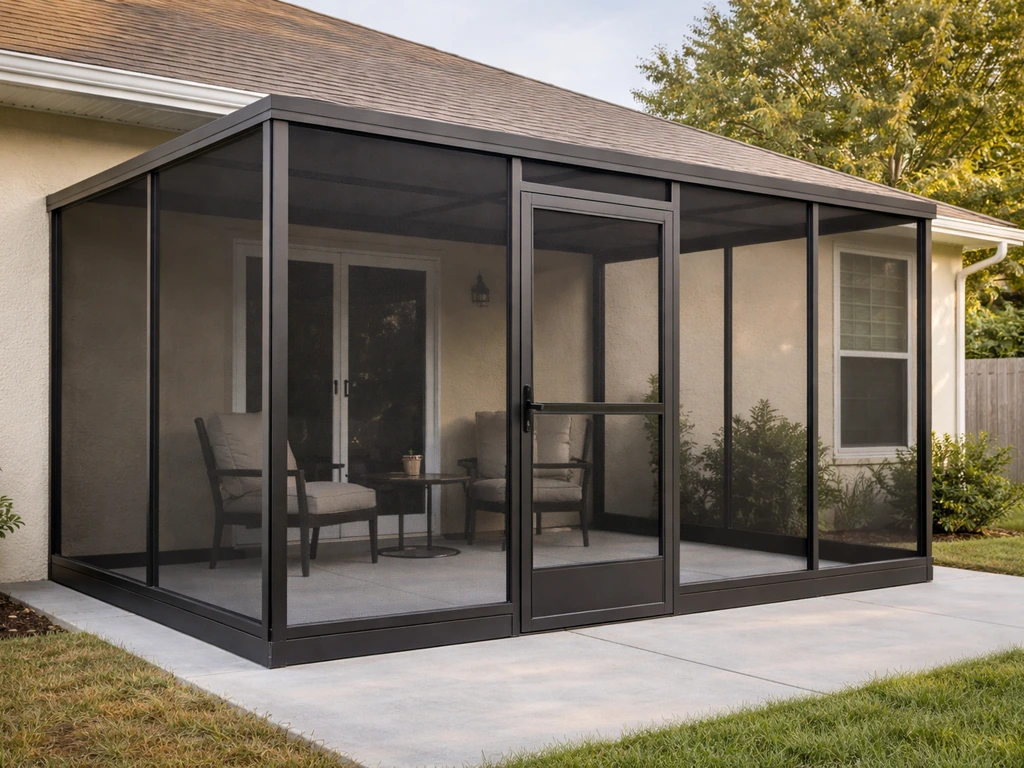 Finished Patio Mate-style screen room enclosure on a home patio, showing durable weather-ready DIY setup.