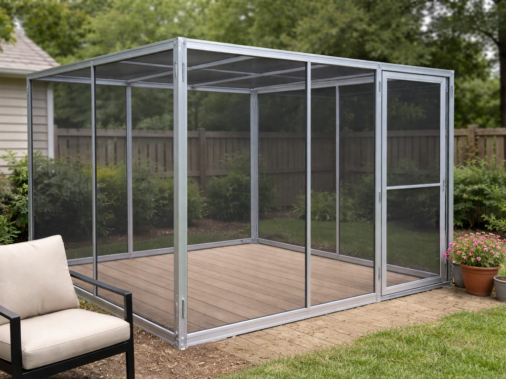 Galvanized screen room enclosure kit installed on a backyard patio with potted plants in natural light.