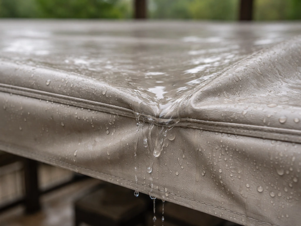 Vinyl patio enclosure roof with visible water pooling in sagging pocket, close view of collected water.