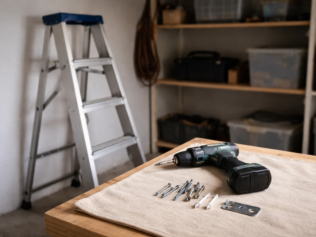 Step ladder with an electric drill and mounting hardware laid out on a workbench in a garage.