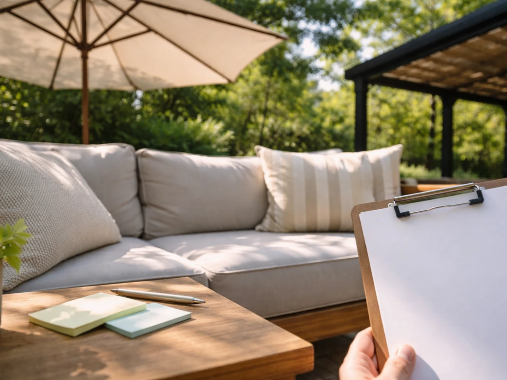 Close-up of an outdoor patio with umbrella and gazebo frame, suggesting a risk checklist review.