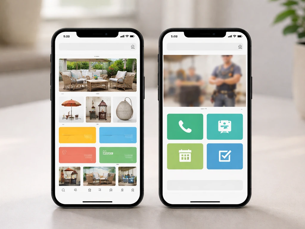 Two smartphones on a desk showing side-by-side generic online retailer and local contractor pages.