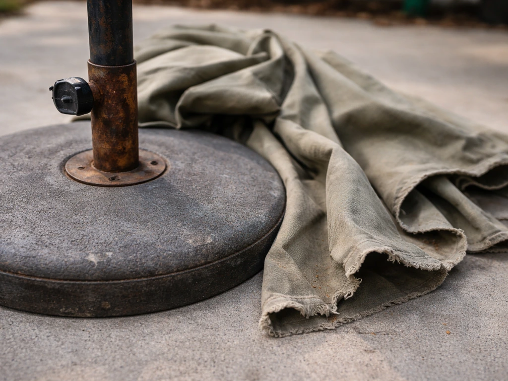 Weathered outdoor umbrella hardware and faded canopy fabric showing rust and fraying in natural light.