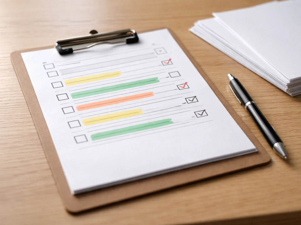 Checklist paper on a clipboard with pen and blank documents, highlighted boxes under natural light.