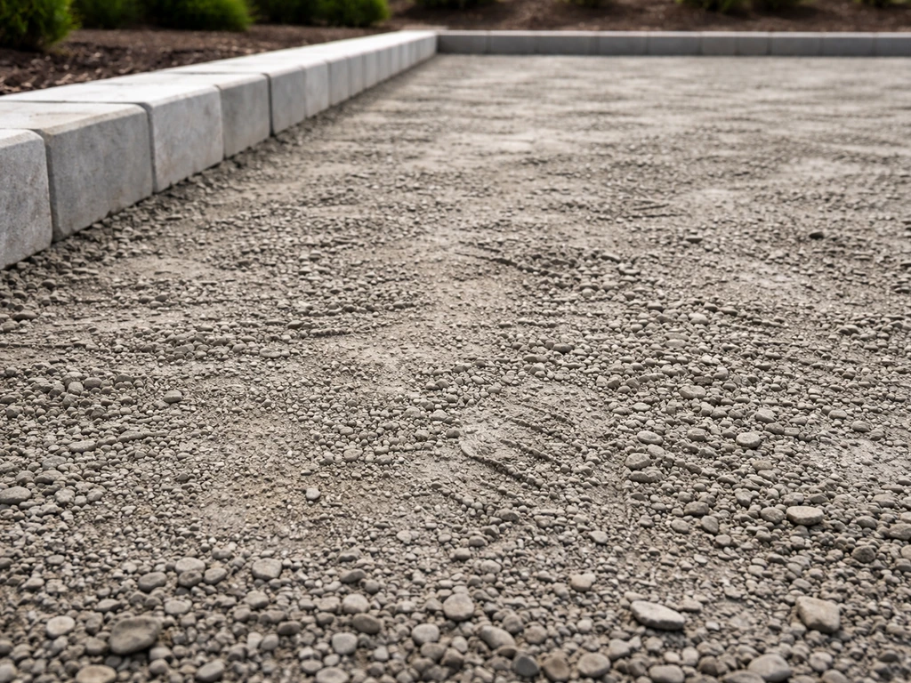 Close-up of compacted gravel base and straight edging under a patio, showing workmanship details.