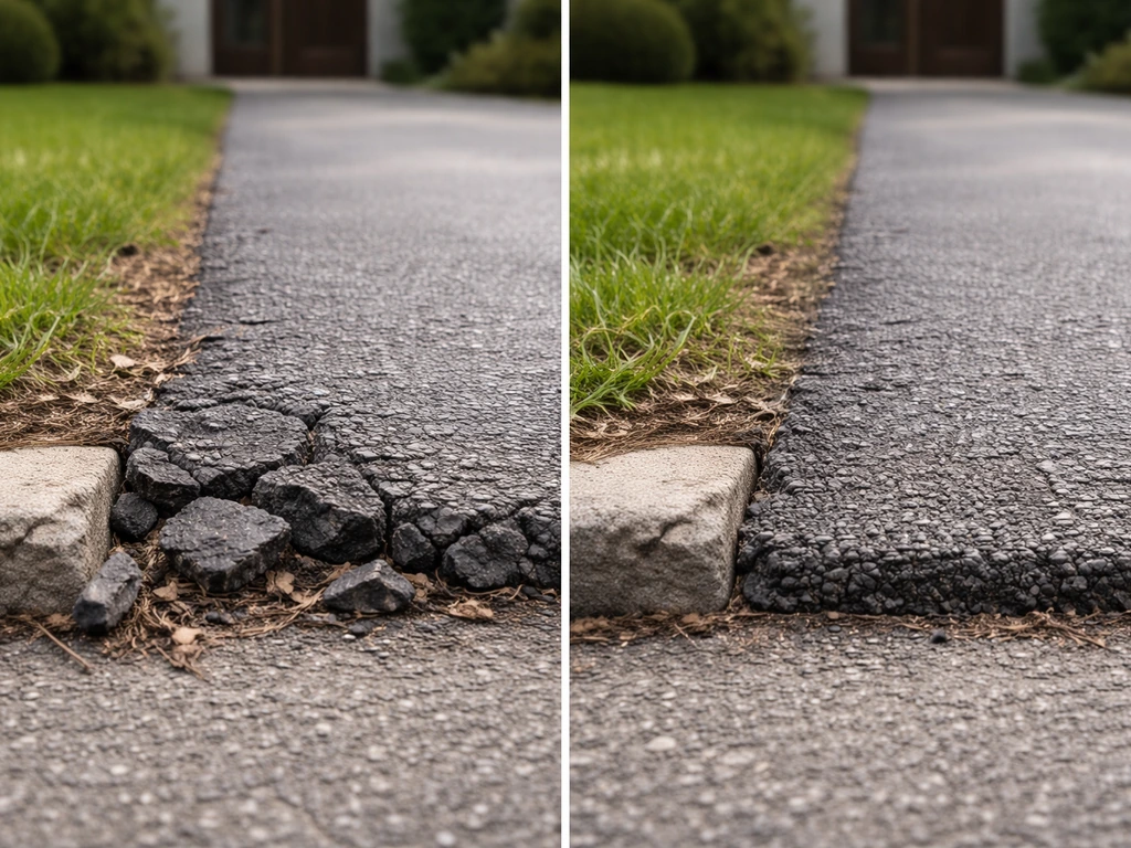 Close-up of a driveway showing crumbling/sinking edge beside a properly compacted intact section.