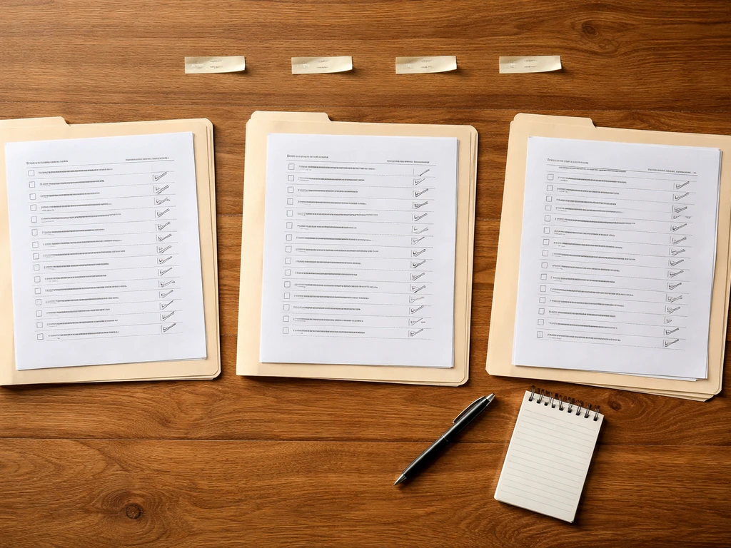 Overhead photo of three bid folders and checklist pages on a wooden table for comparing remodel line items.