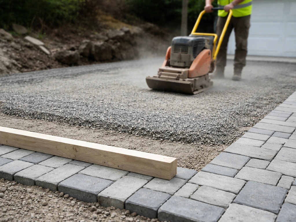 Worker compacts layered gravel for pavers with a plate compactor, while nearby pavers are inspected for levelness.