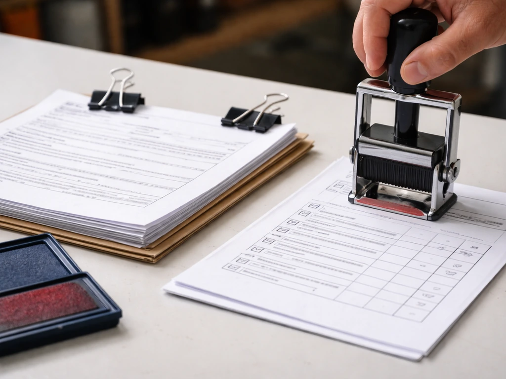 Close-up of permit and inspection documents being stamped on a worktable, suggesting passed inspections.